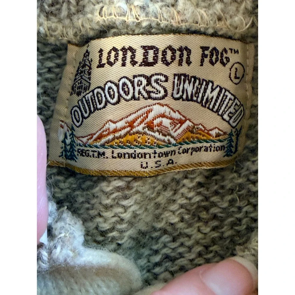 VTG London Fog Outdoors Unlimited Mens L Oatmeal Marl Henley Wool Knit‎ Sweater
